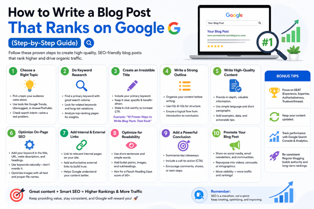 How to Write a Blog Post That Ranks on Google(Step-by Step Guide)