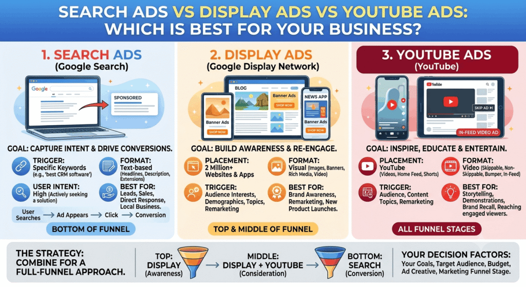 Search Ads vs Display Ads vs YouTube Ads: Which Is Best for Your Business?